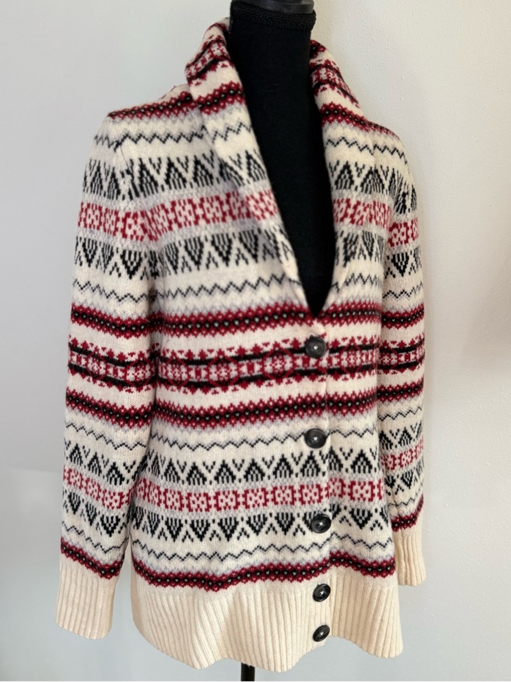 Vintage Fair Isle Cardigan Medium Red Cream Nordic Knit Button Sweater - Picture 4 of 11